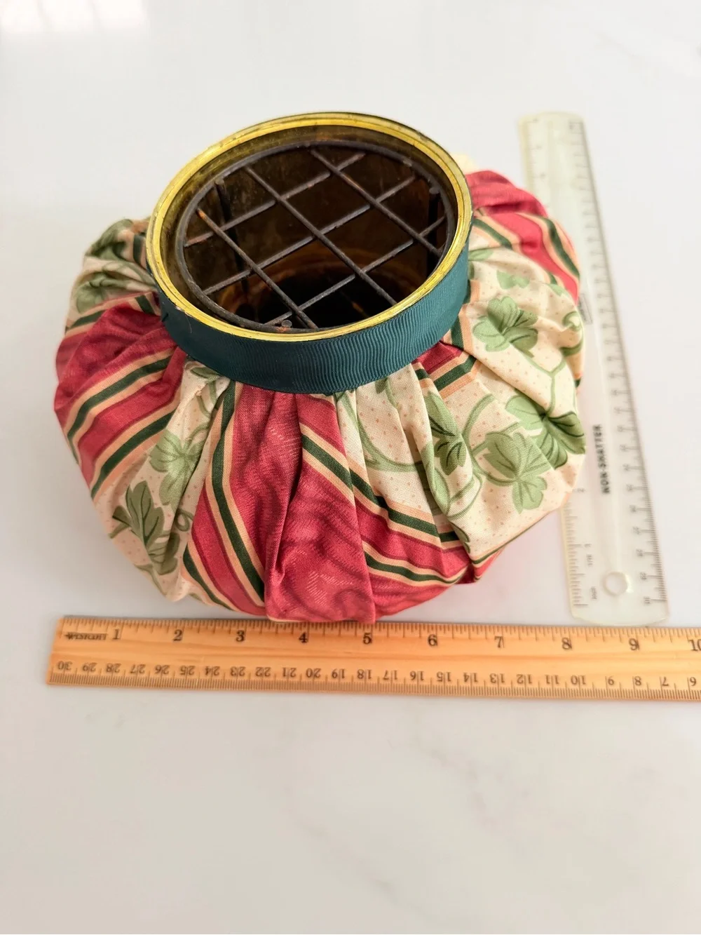 vintage fabric pouf flower vase with wire frog grid arranger cottagecore 1980s